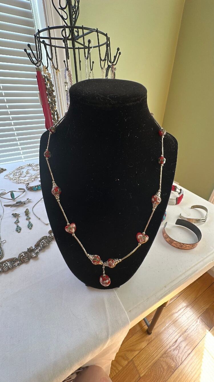Vintage Red Cloisonne Hearts and Beads Necklace